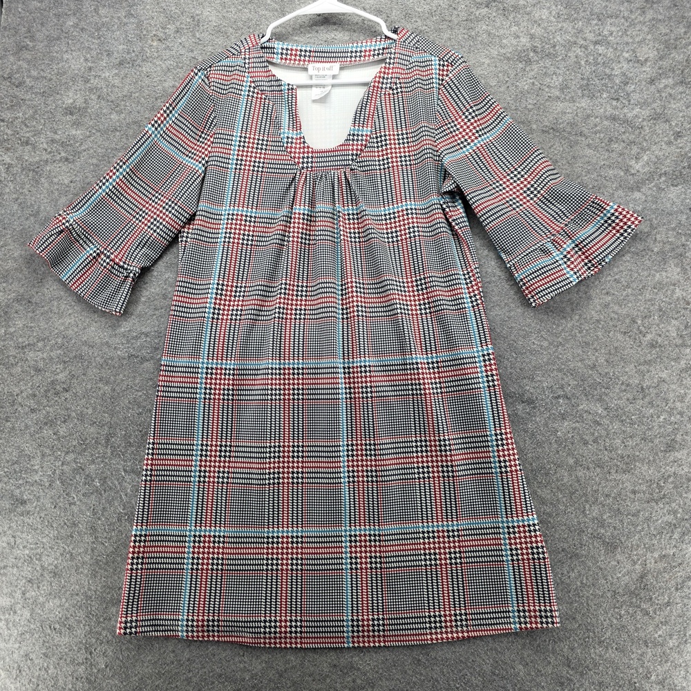 Top It Off Dress Womens Medium Plaid Multicolor 3/4 Sleeve Ruffle Shift Retro